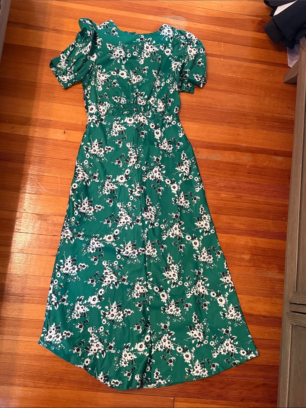 ASOS Green Floral Midi Dress with Puff Sleeves